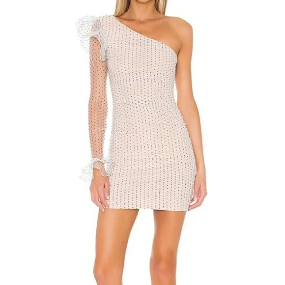 Majorelle Smith Mini Dress in Black Dot One Shoulder Sheer White Ruffle Large - Picture 1 of 8